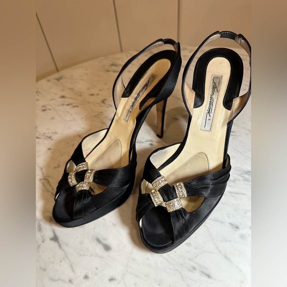 Brian Atwood Satin Rhinestone Stone Platform Heels